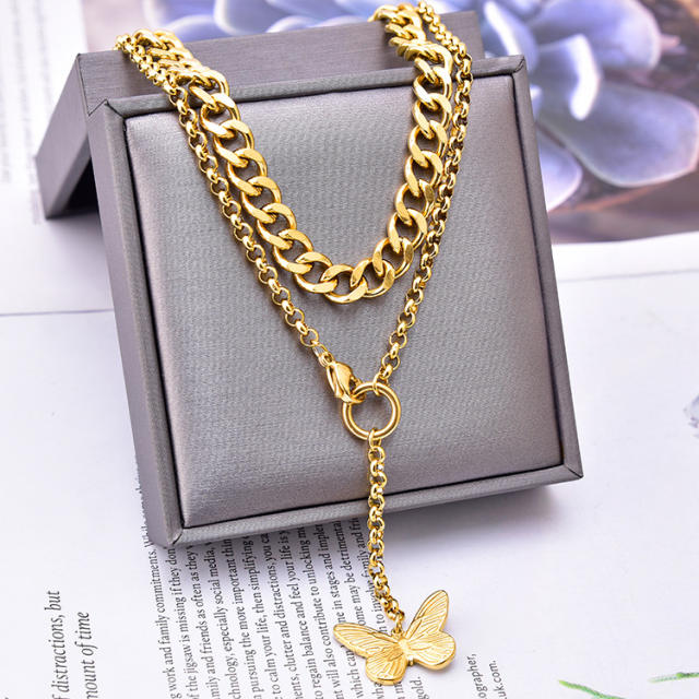 Occident fashion two layer butterfly charm stainless steel necklace