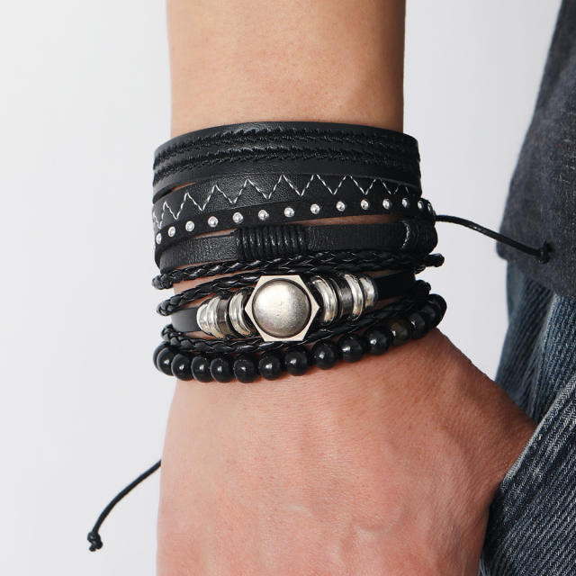 5pcs diy black leather bracelet set for men