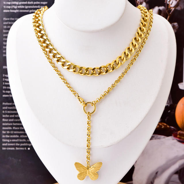 Occident fashion two layer butterfly charm stainless steel necklace