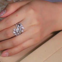 Luxury pave setting diamond leaf shape women rings