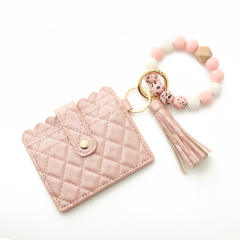 Colorful silicone beads wristlet keychain with card holder