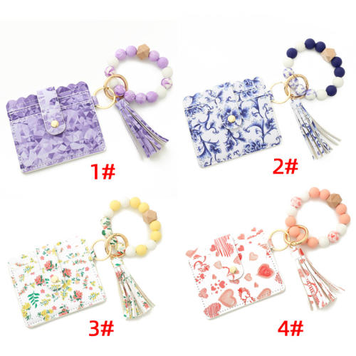 New design silicone beads wristlet keychain with card holder
