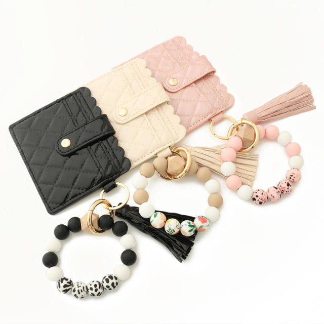 Colorful silicone beads wristlet keychain with card holder