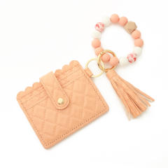 Colorful silicone beads wristlet keychain with card holder