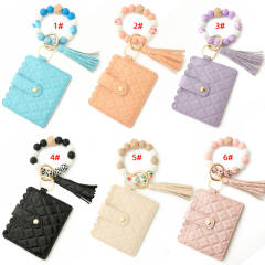 Colorful silicone beads wristlet keychain with card holder