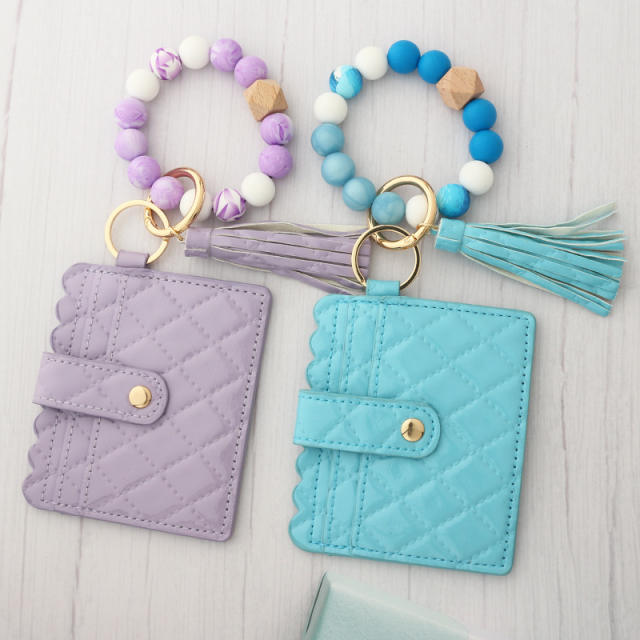 Colorful silicone beads wristlet keychain with card holder