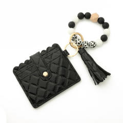 Colorful silicone beads wristlet keychain with card holder