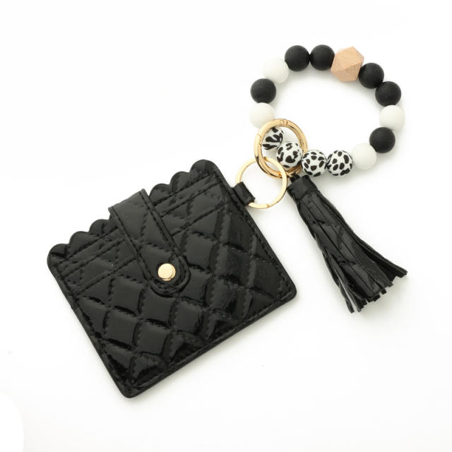 Colorful silicone beads wristlet keychain with card holder