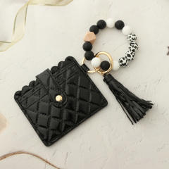 Colorful silicone beads wristlet keychain with card holder