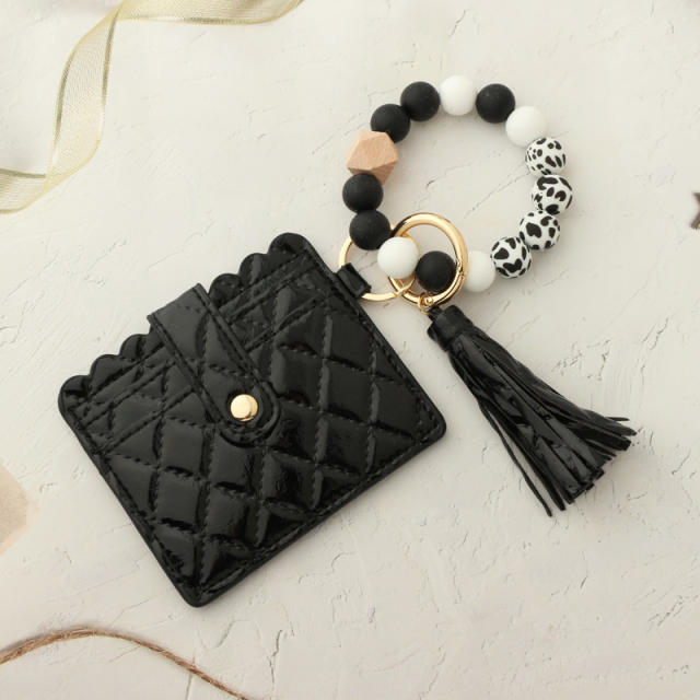 Colorful silicone beads wristlet keychain with card holder
