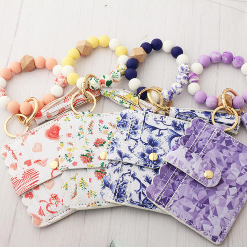 New design silicone beads wristlet keychain with card holder