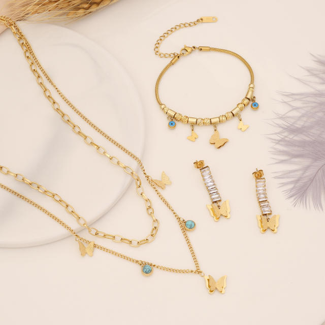 Fashionable frost butterfly stainless steel necklace bracelet earrings
