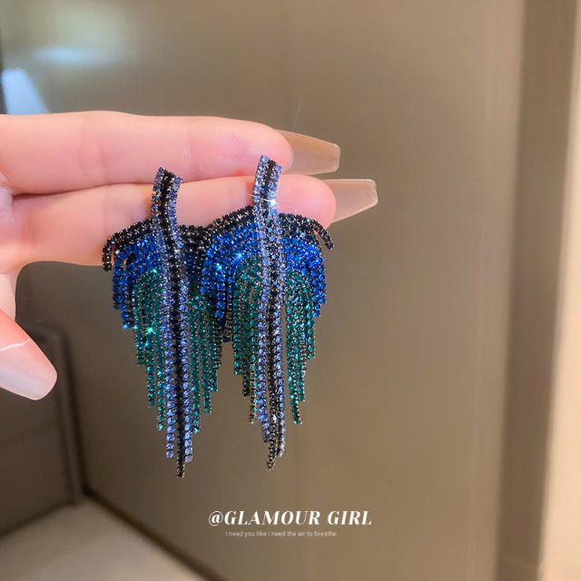 925 needle blue color diamond tassel earrings
