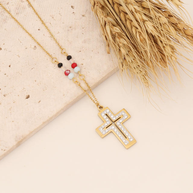 Diamond cross heart hasma butterfly pendant stainless steel necklace