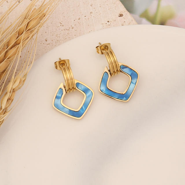 Color enamel geometric shape stainless steel earrings