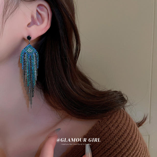 925 needle blue color diamond tassel earrings