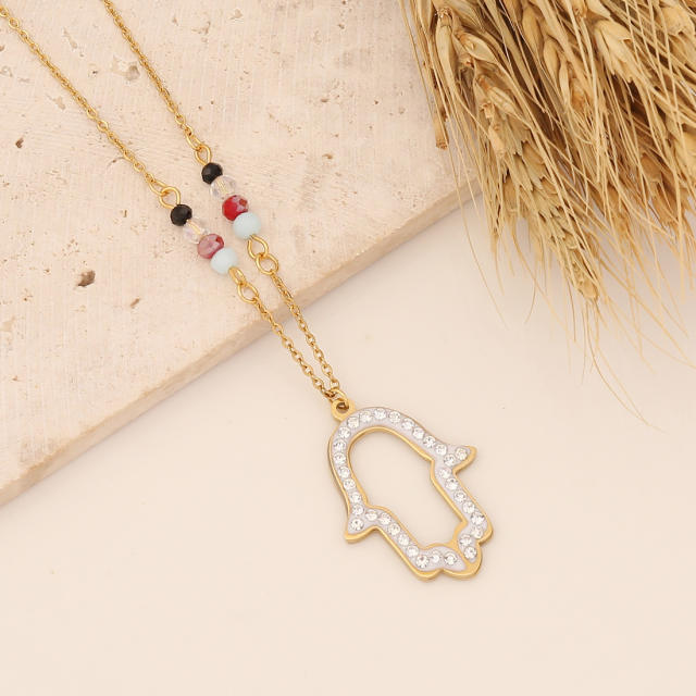 Diamond cross heart hasma butterfly pendant stainless steel necklace