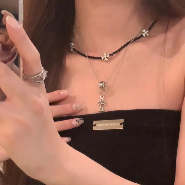 Korean fashion gothic corss black choker layer necklace