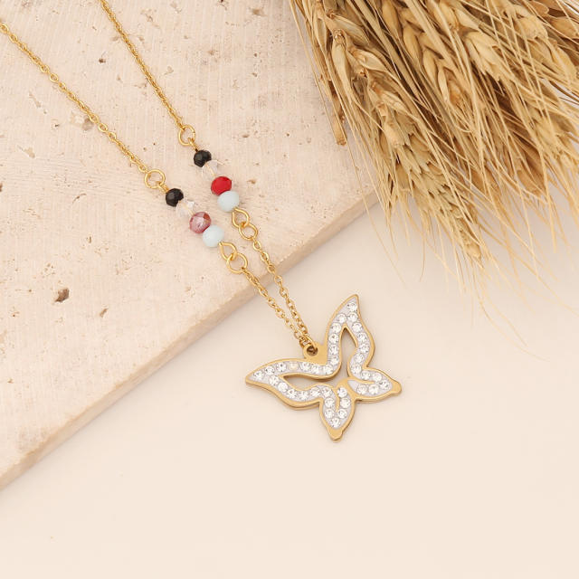 Diamond cross heart hasma butterfly pendant stainless steel necklace