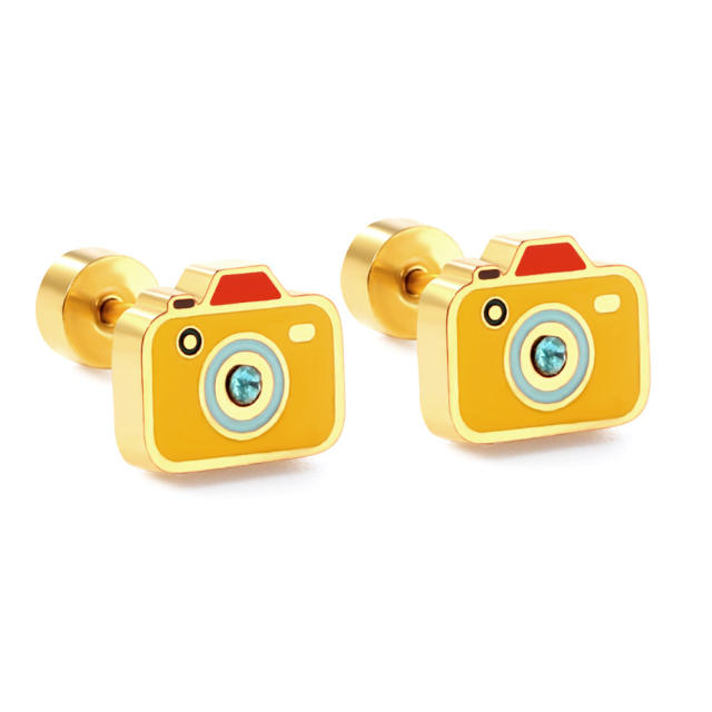 Cute animal color enamel stainless steel earrings for kids