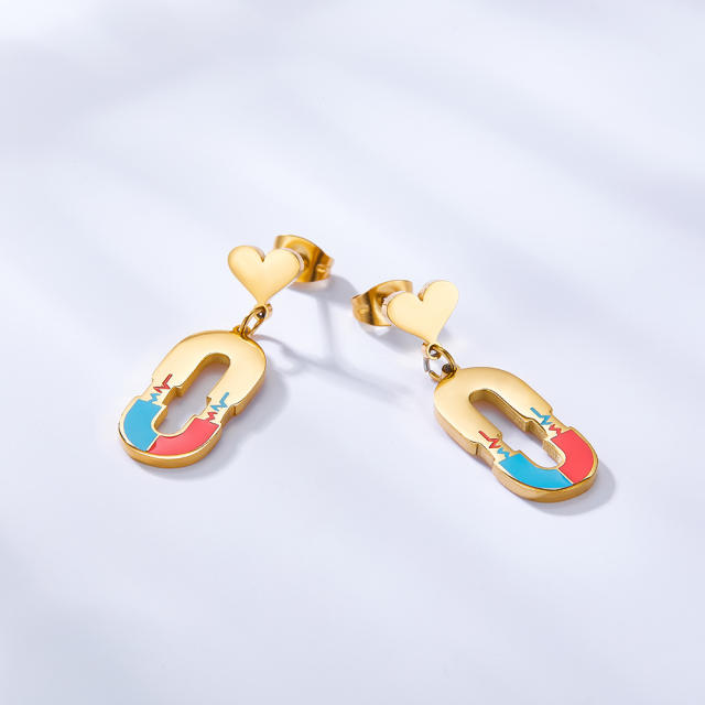 Creative color enamel heartbeat stainless steel earrings