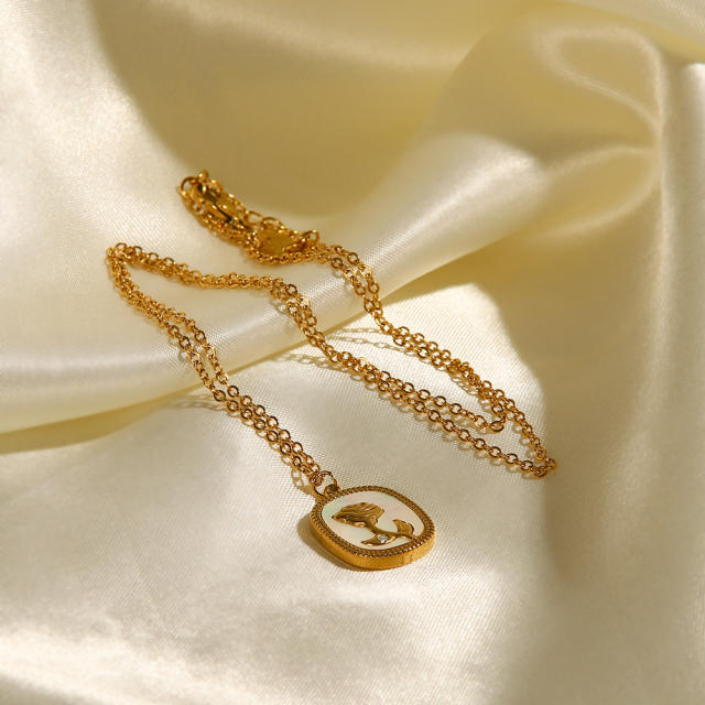 Elegant white shell rose flower pendant stainless steel necklace