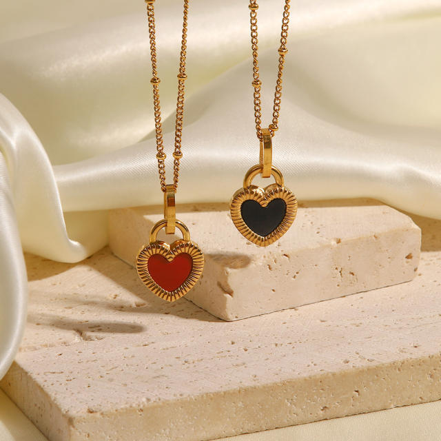 French elegant two side heart lock stainless steel necklace