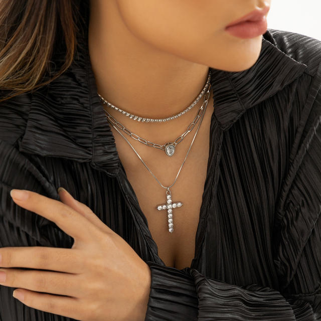 Punk trend diamond cross pendant layer necklace