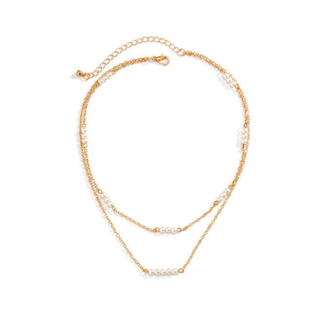 Elegant dainty faux pearl beads layer necklace