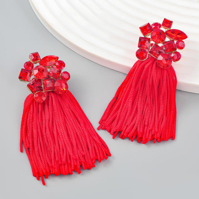 Boho glass crystal statement flower rope tassel earrings