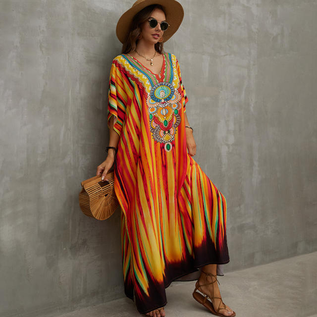Boho colorful pattern loose beach dress bikini cover up