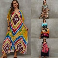 Boho colorful pattern loose beach dress bikini cover up