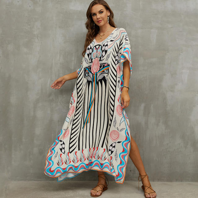 Boho colorful pattern loose beach dress bikini cover up