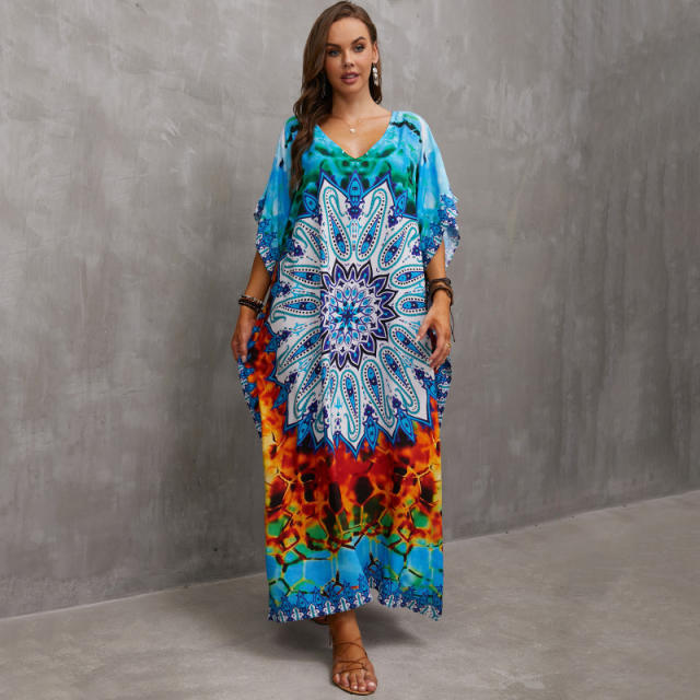 Boho colorful pattern loose beach dress bikini cover up