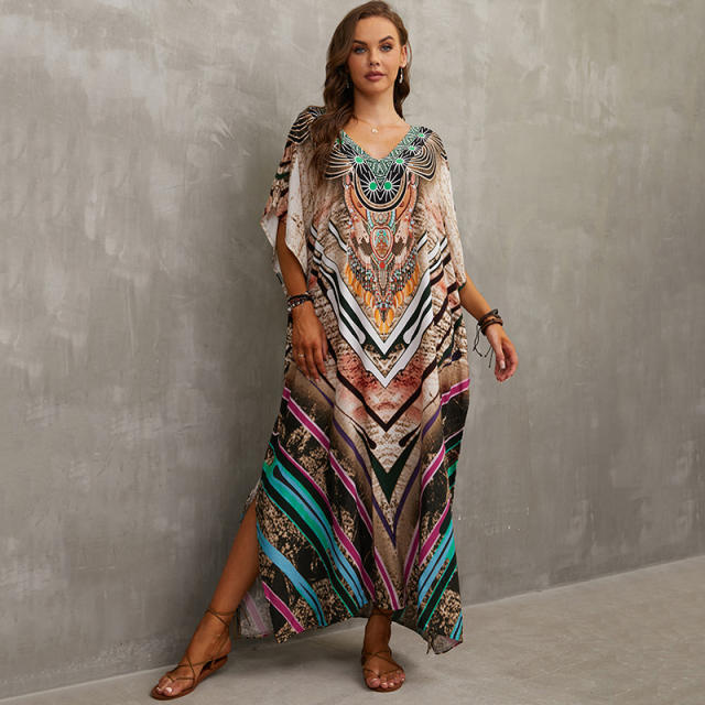 Boho colorful pattern loose beach dress bikini cover up