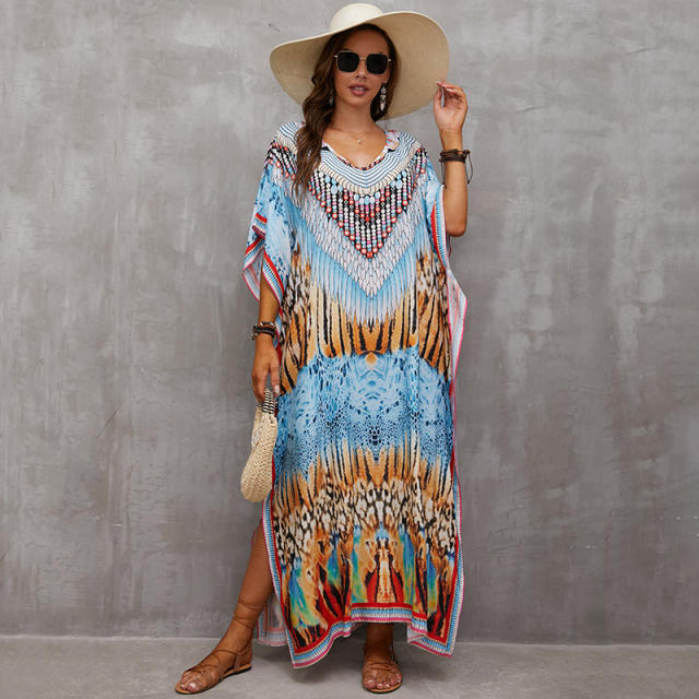 Boho colorful pattern loose beach dress bikini cover up