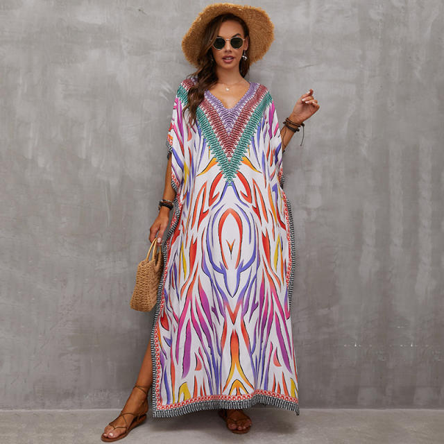 Boho colorful pattern loose beach dress bikini cover up
