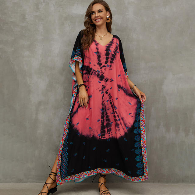 Boho colorful pattern loose beach dress bikini cover up