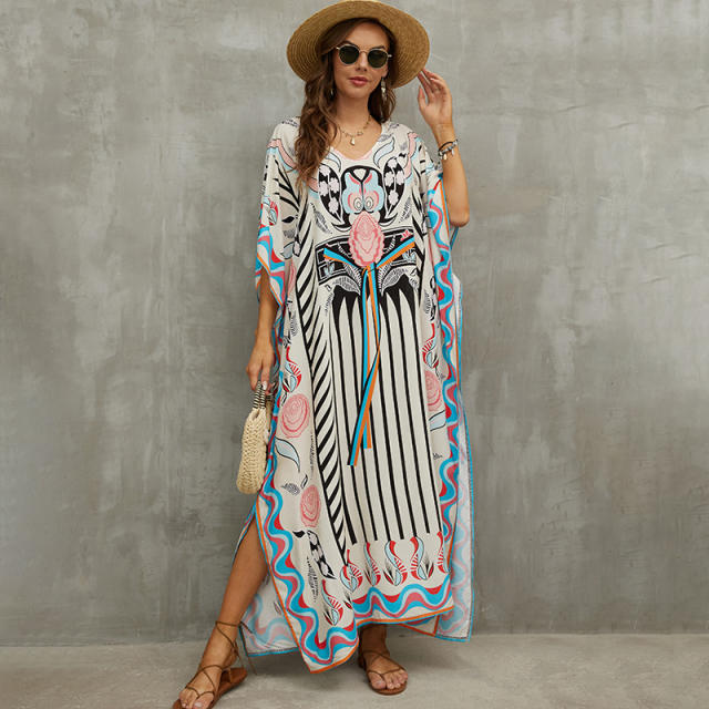 Boho colorful pattern loose beach dress bikini cover up