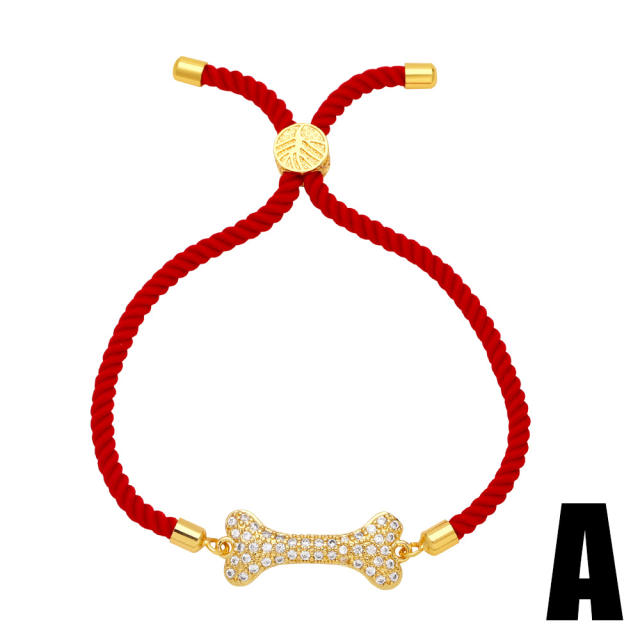 Creative pave setting diamond pet paw bone red rope bracelet
