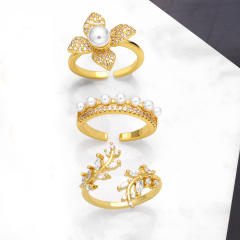 INS pave setting diamond bloom flower leaf adjustable rings