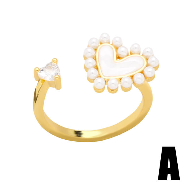 Personality pearl beads heart real gold plated rings