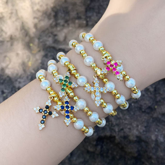 Color cubic zircon cross charm bead bracelet