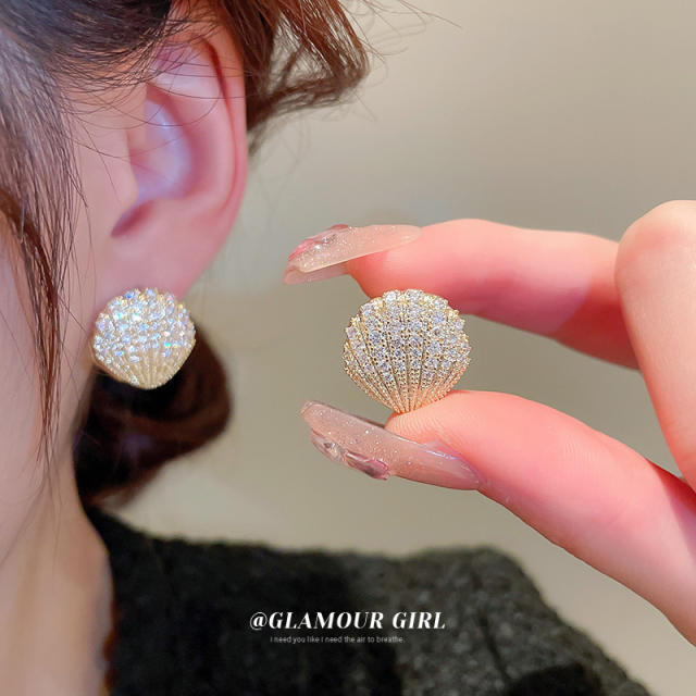925 needle diamond shell design huggie earrings