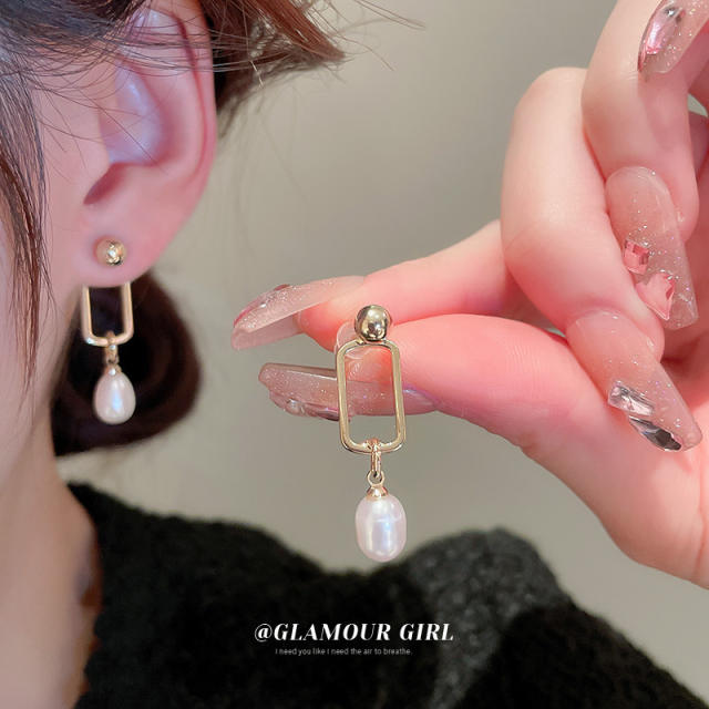 925 needle geometric square pearl drop earrings