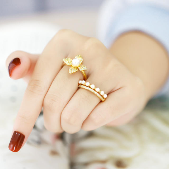 INS pave setting diamond bloom flower leaf adjustable rings