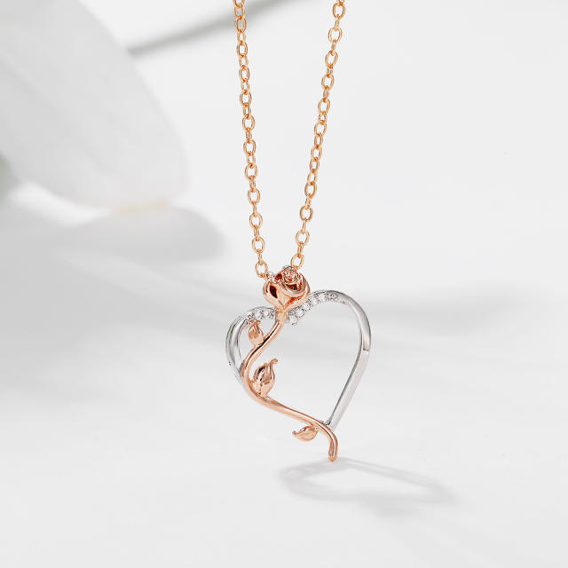 Concise hollow heart rose flower pendant necklace