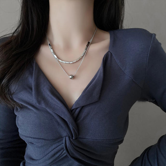 Geometric beads two layer silver color necklace