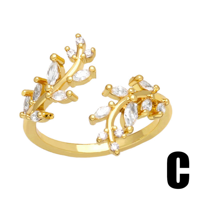 INS pave setting diamond bloom flower leaf adjustable rings
