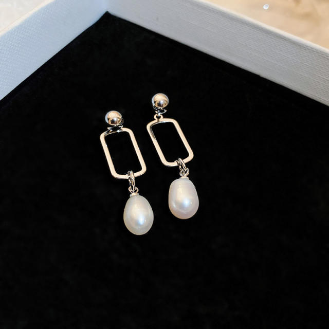 925 needle geometric square pearl drop earrings